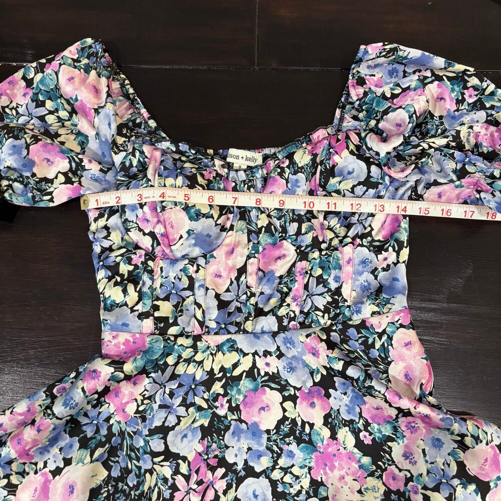 Coquette Corset Floral Puff Sleeve Tiered Mini Dress Sz S Romantic Cottagecore - Picture 5 of 7